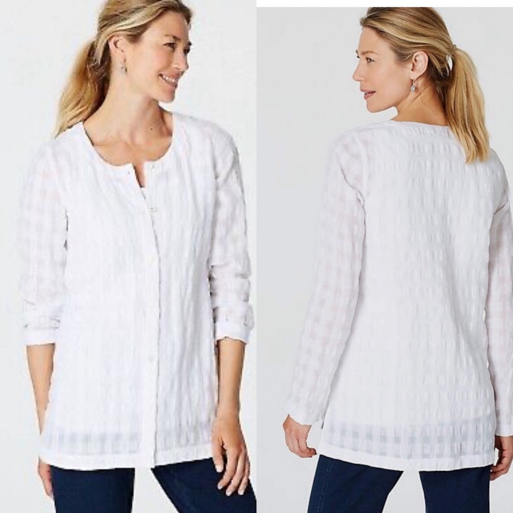Pure Jill Button Down‎ Top Linen Cotton Textured Gauzy White Long Sleeve Size M